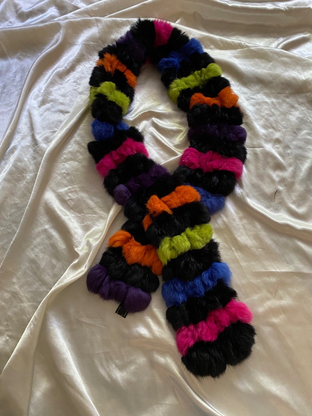 Vintage y2k Black Rainbow Striped Rabbit Fur Scarf Boho Unique